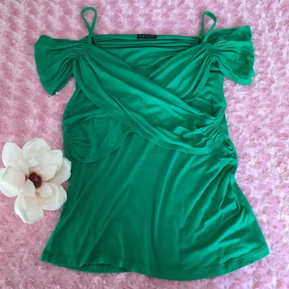 {VENUS} Green Draped Criss Cross Cold Shoulder Top - Picture 7 of 7